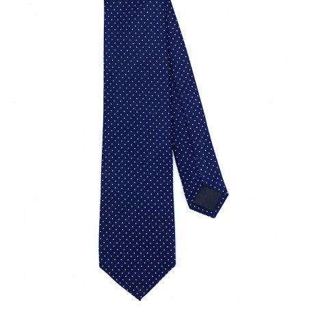 Cravate classique en twill de soie bleu navy à pois blanc