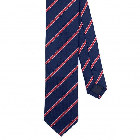 Cravate classique en twill de soie motif club navy à rayures, rouge, blanc